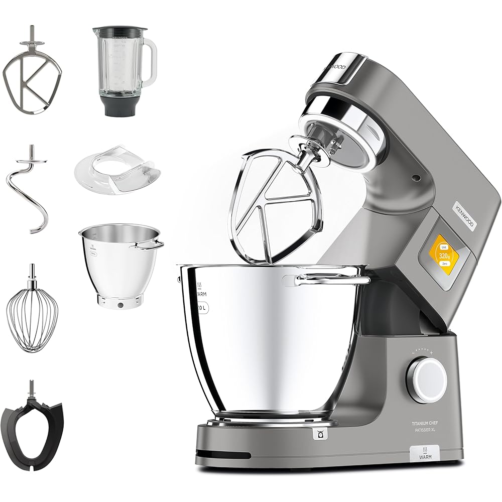 Kenwood Titanium Chef Patissier XL KWL90.034SI, Robot Patissier Balance Intégrée, Batteur K, Pétrin, Fouet, Batteur Souple, Deux Bols, Couvercle Anti-Projections, 1400W, Acier, Argent : Cuisine et Maison