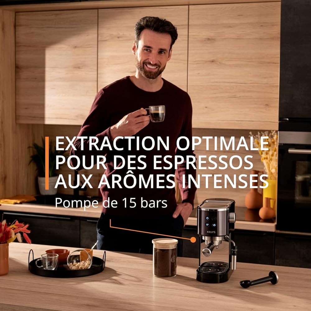 KRUPS Virtuoso+ Machine expresso à pompe, 15 bars, Thermoblock, Acier inoxydable, Buse vapeur, Arrêt automatique, Espresso et cappuccino, Qualité digne d'un barista, Buse vapeur XP444G10 : Cuisine et Maison