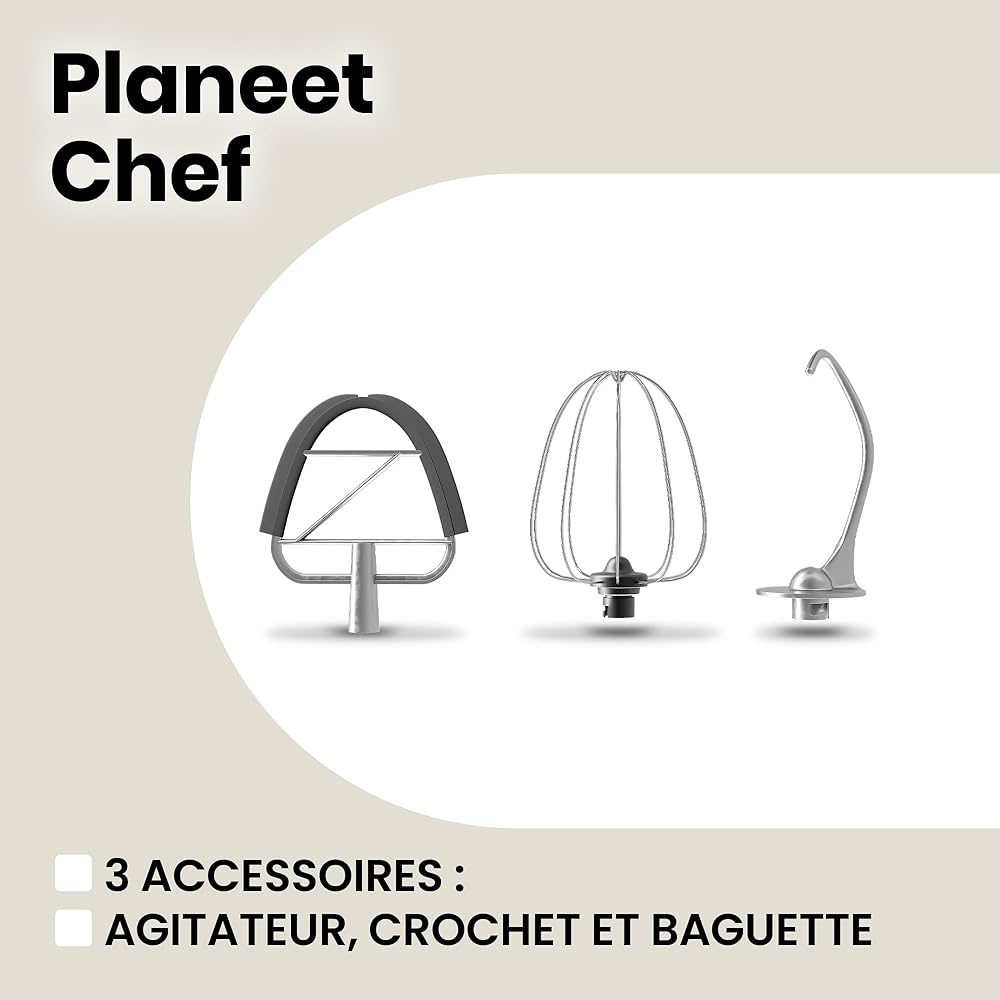 ZEEGMA Planeet Chef robot pâtissier multifonctions 2200W, machine à pétrir cuisine à pâte avec bol en acier inoxydable de 6,5 L, 7 vitesses, pétrin à pâte avec set de pâtisserie 3 pièces (Grey) : Cuisine et Maison