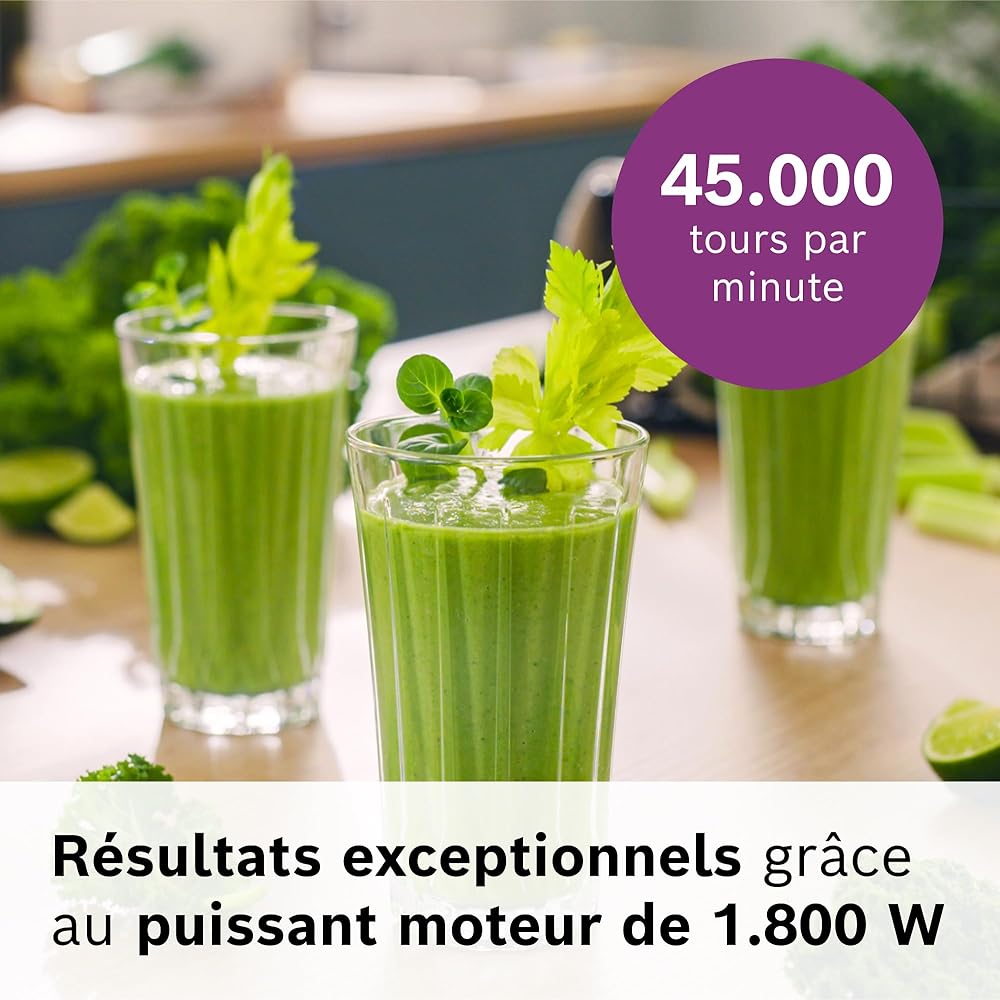 Bosch, VitaPower Série 6, blender haute performance, moteur 1800 watts, vitesse du moteur jusqu'à 45 000 tr/min, 6 programmes automatiques, bol résistant en tritan, noir, MMB6652B : Cuisine et Maison