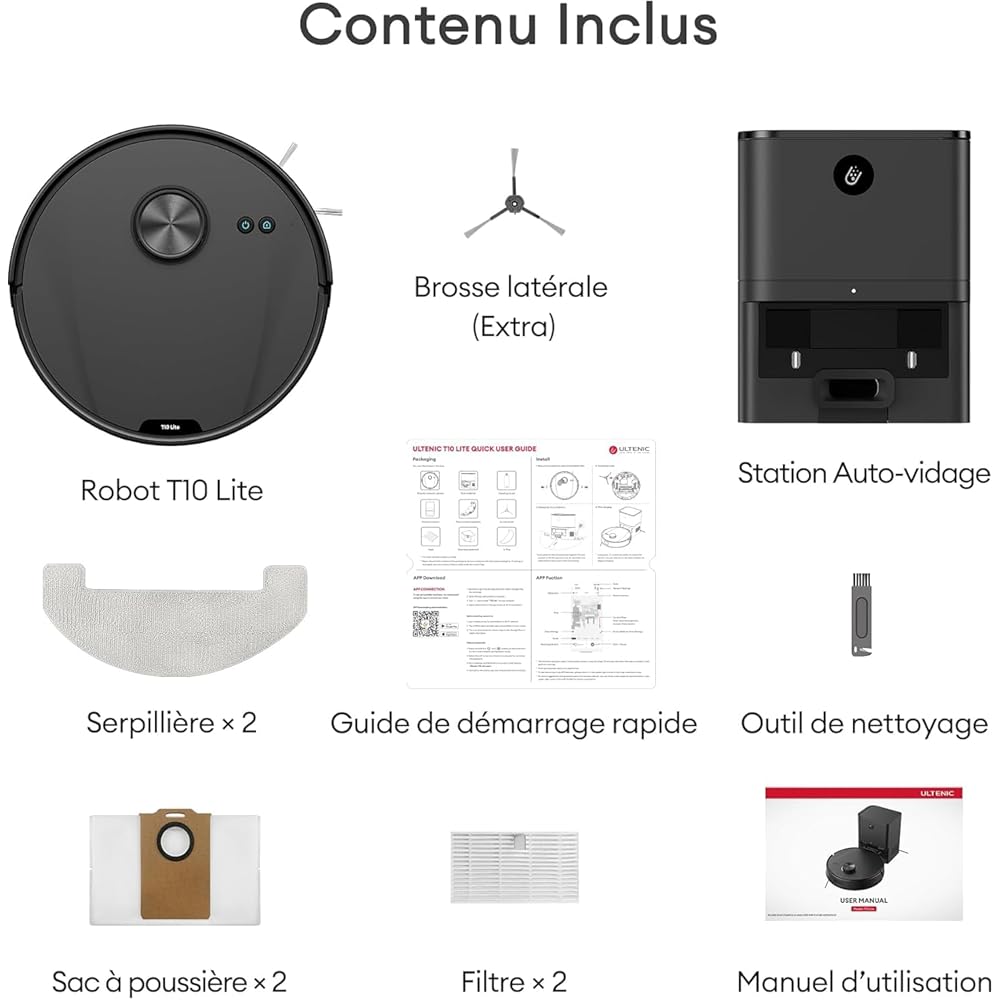 Ultenic T10 Lite Aspirateur Robot Laveur avec Station, 18000Pa Auto-Vidage, Navigation LiDAR, Cartographie Multi-étage, Connecté App-Alexa-Siri-IFTTT - Poils d’Animaux, Cheveux, Poussière et Moquette : Cuisine et Maison