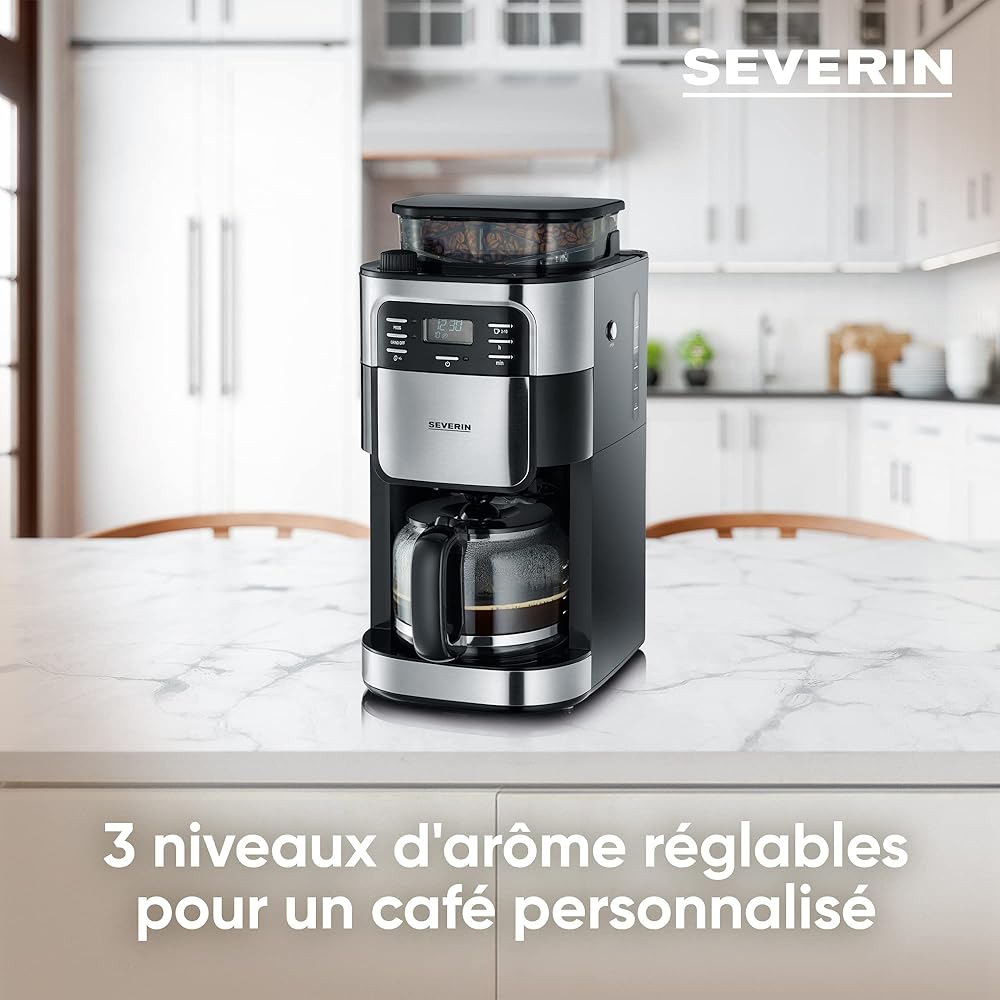 SEVERIN Cafetière avec broyeur intégré 1 000 W, Machine à café programmable avec minuteur, Cafetière filtre avec verseuse en verre d'une contenance de 10 tasses, Noir/Inox, KA 4810 : Cuisine et Maison