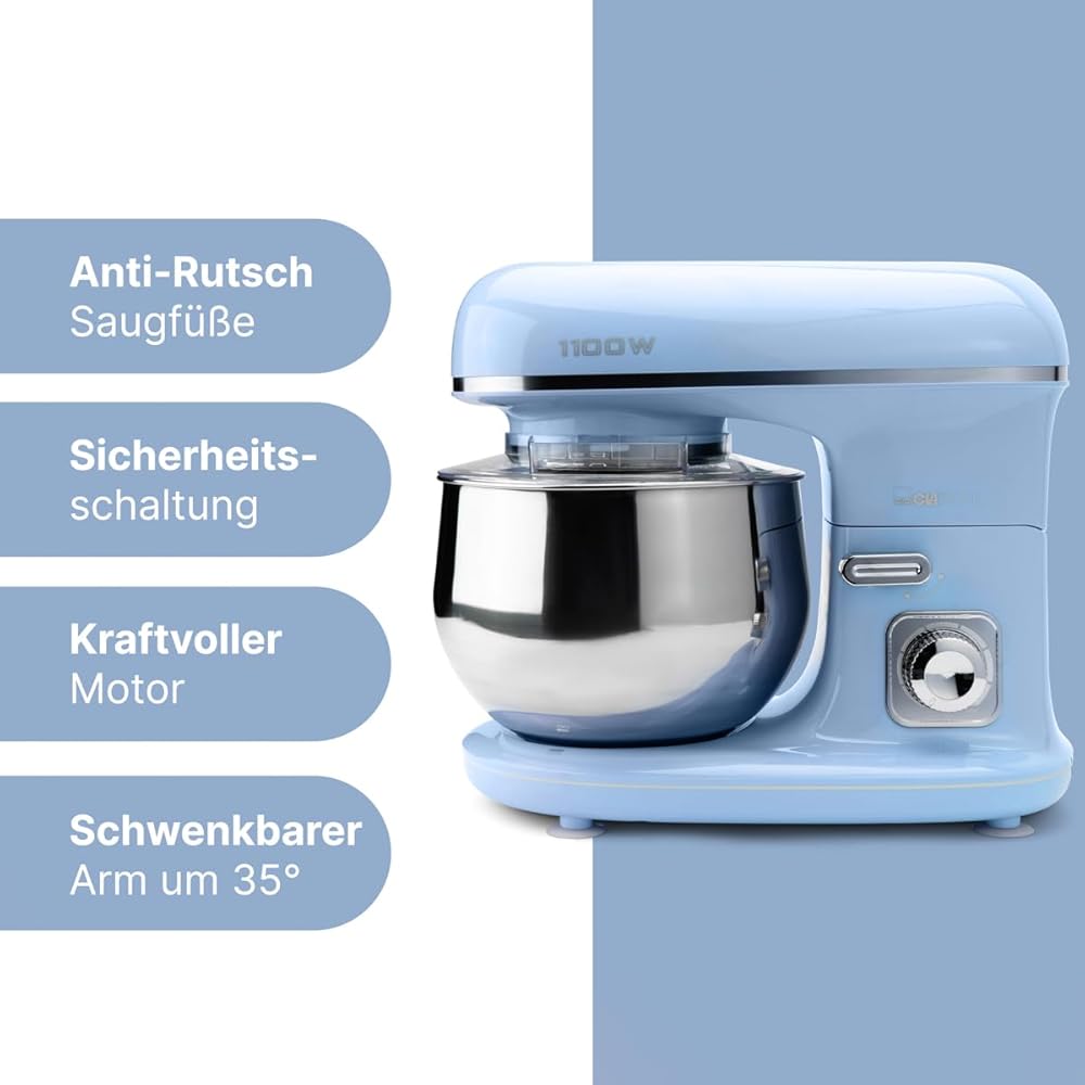Clatronic® Robot de cuisine rétro pour la pâtisserie | Pétrin | 5L | Moteur 1100W | Machine à pâte avec crochet et fouet | Rétro |Protection anti-éclaboussures Ouverture de remplissage - KM 3711 bleu : Cuisine et Maison