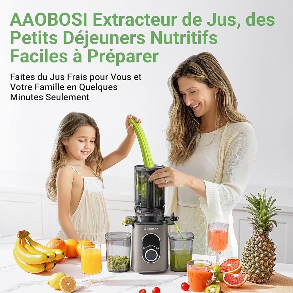 AAOBOSI Extracteur de Jus, Extracteur de Jus de Fruits et Légumes Ouverture de 110 mm, Fonction de Mastication Inversée,Sans BPA, avec 2 Tasses et Brosse, adapté à tous les Fruits et Légumes : Cuisine et Maison