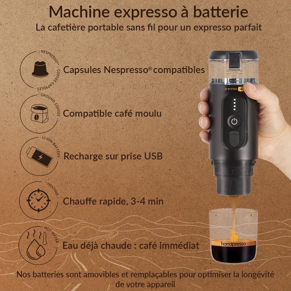 Handpresso - cafetiere portable E-PRESSO+ et sa valise - machine a cafe portable batterie USB | réservoir 90 ml | batterie 3x2,9 mA | Cafetière portable voyage capsules expresso ou café moulu : Cuisine et Maison