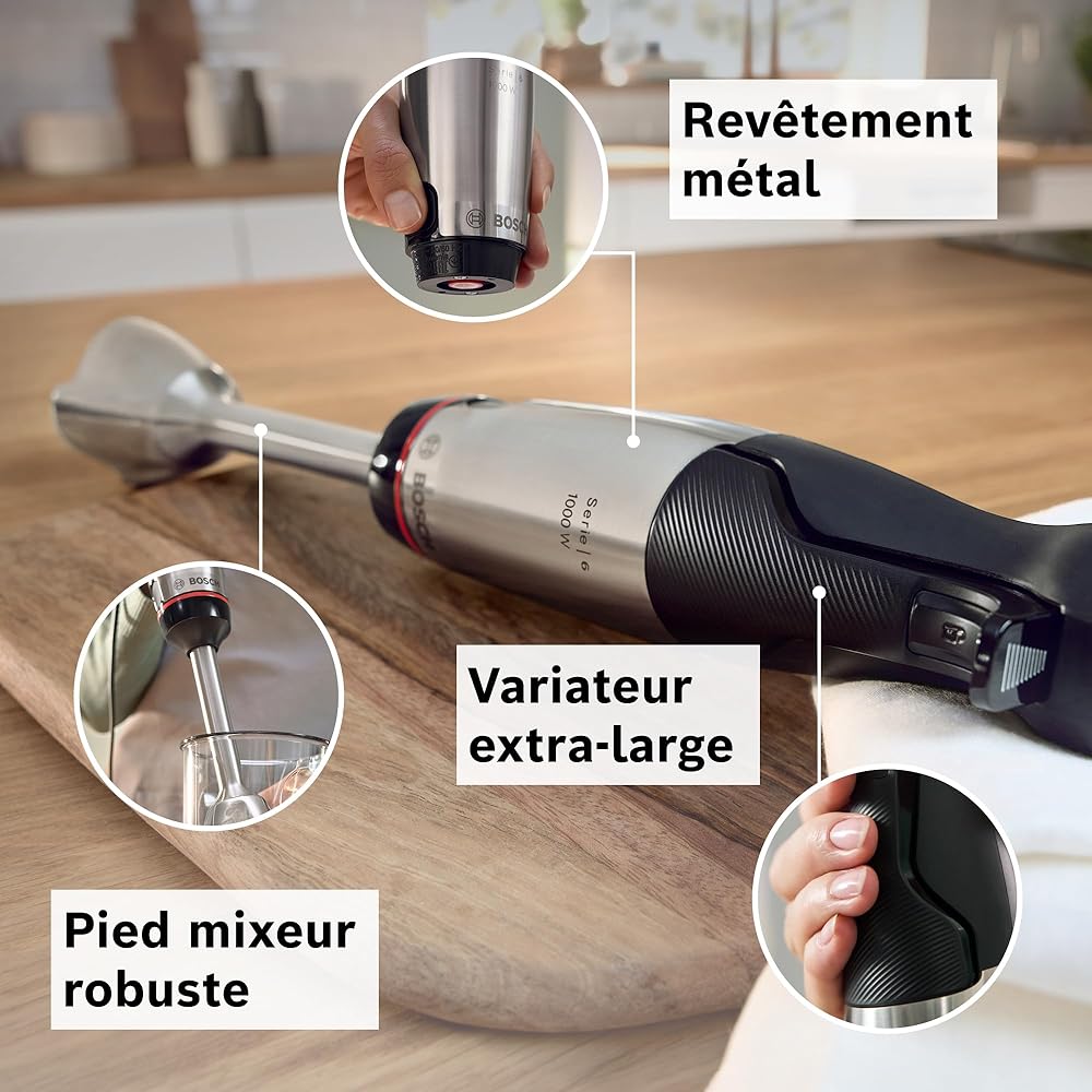 Bosch, mixeur plongeant, ErgoMaster Série 6, moteur 1000 watts refroidi par air, variateur de vitesse extra large, système de mixage QuattroBlade System Pro, accessoires inclus, MSM6M673 : Cuisine et Maison