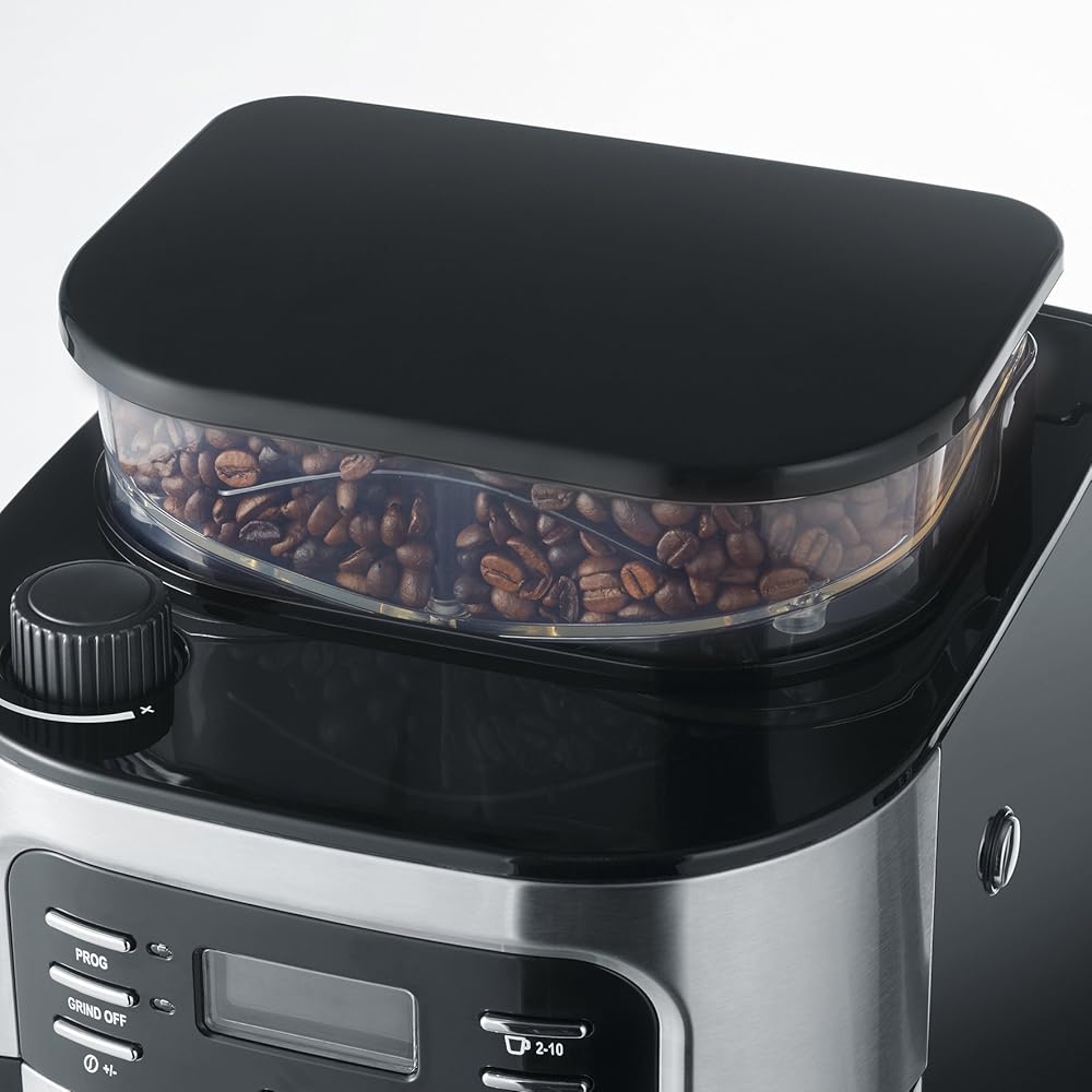 SEVERIN Cafetière avec broyeur intégré 1 000 W, Machine à café programmable avec minuteur, Cafetière filtre avec verseuse en verre d'une contenance de 10 tasses, Noir/Inox, KA 4810 : Cuisine et Maison