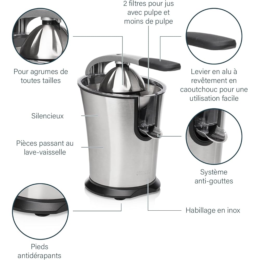 Princess Presse-agrumes Master Pro – Cône en acier inoxydable – 300 W – Filtre à pulpe en inox – Bras à levier professionnel – Réservoir avec système anti-goutte – 201860 : Cuisine et Maison