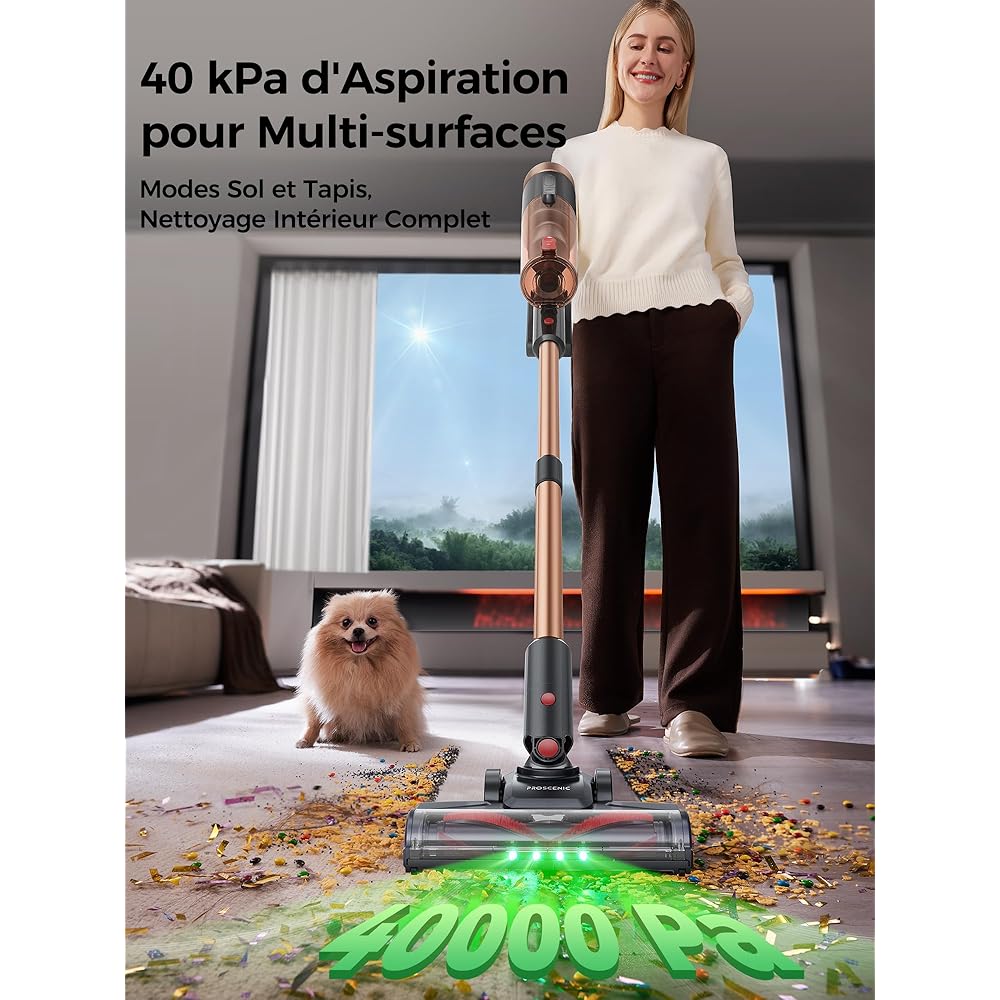 Proscenic P11 Ultra Aspirateur Balai sans Fil,40KPA 450W Aspirateur sans Fil Puissant,LED GreenEye,Brosse Anti-Emmêlement,télescopique Léger Aspirateur Balai pour Tapis Poils Animaux Sol Dur Voiture : Cuisine et Maison