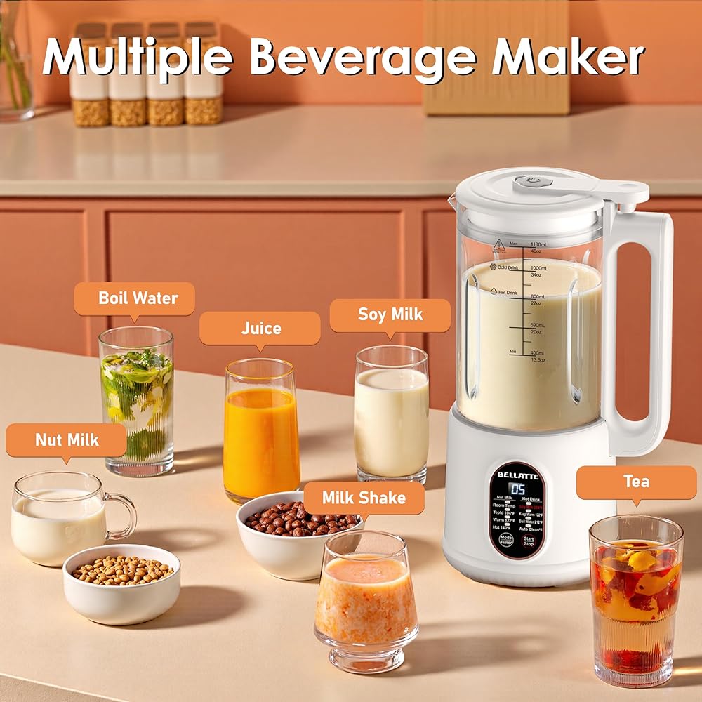 Machine à Lait Végétaux, Bellatte 1200 ml Machine à Lait de Noix Automatique et Jus avec Fonction de Nettoyage, 8 in 1 Multifonctionnel Machine pour Lait pour Avoine, Soja, Noix, Fruits : Cuisine et Maison