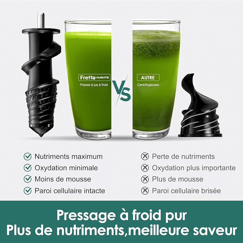 Fretta Extracteur de Jus à Pression à Froid, Goulotte d'alimentation Large de 76 MM, Presse-agrumes à Froid sans BPA, Extracteur de Jus de Fruits et Légumes, Recettes de Jus Incluses (Noir) : Cuisine et Maison