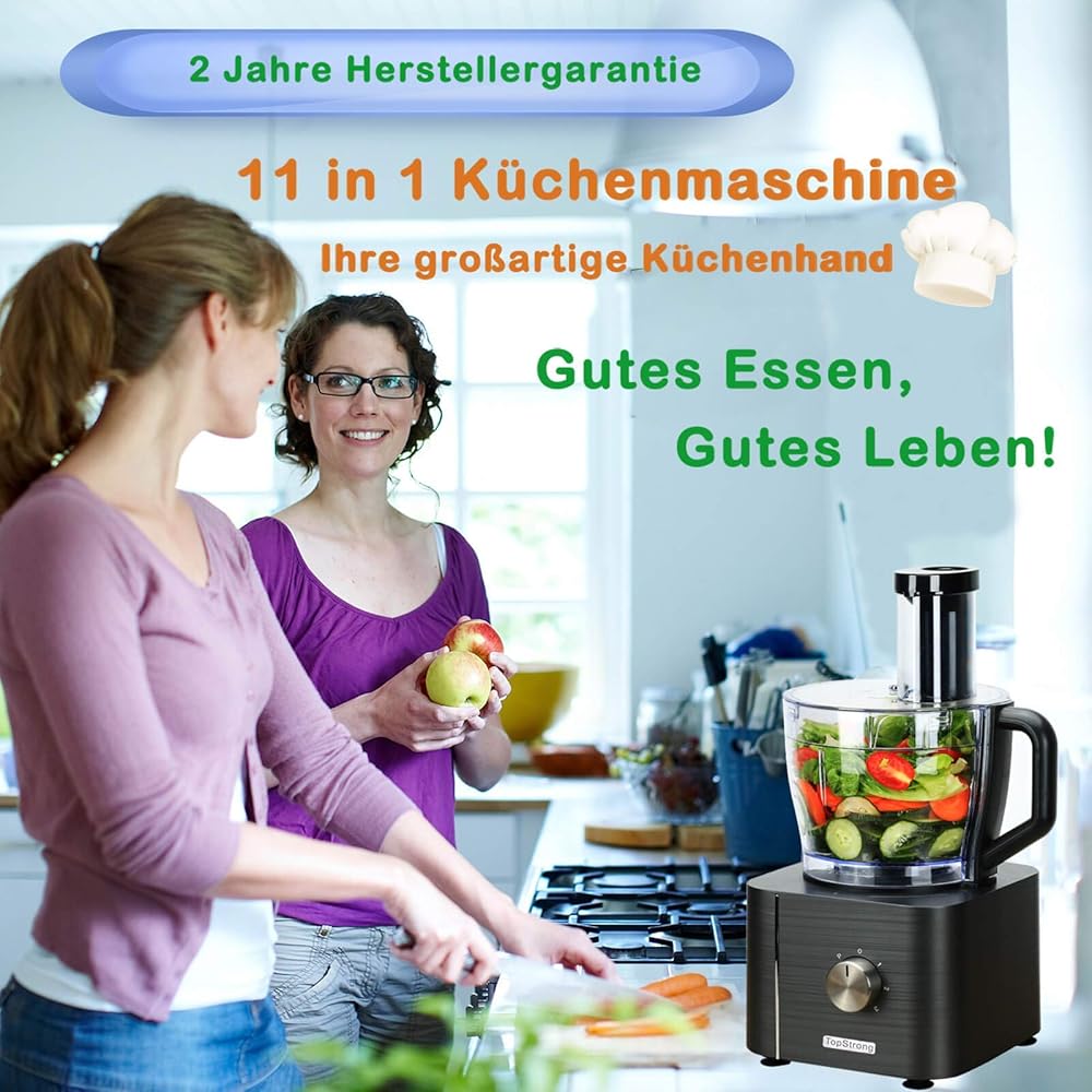 TopStrong Robot Cuisine Multifonction,1100W Robot Multifonction,11 en 1 Robot Culinaire inclus Hachoir, Crochet Pétrisseur,Mixeur, Presse-agrumes et Moulin à Café, 3,2L Bol et 1,5L Blender : Cuisine et Maison