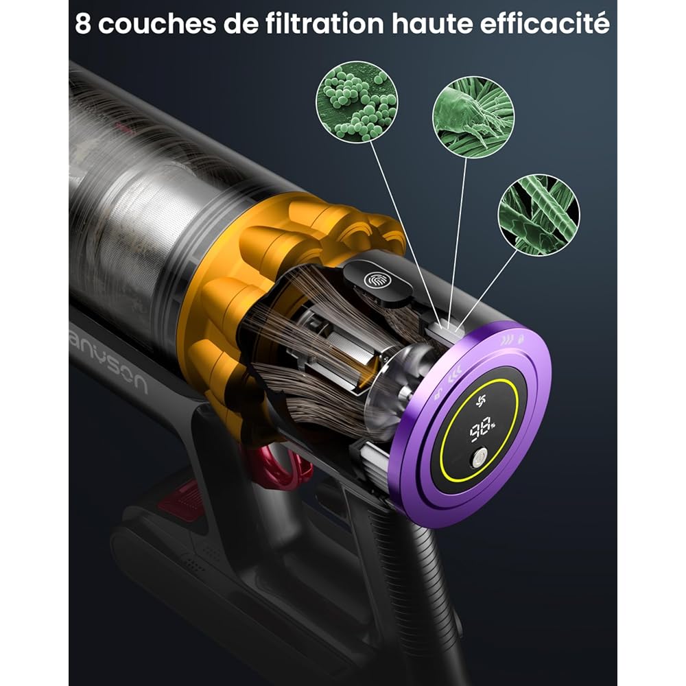 ANYSON 45Kpa/550W/70 Minutes Aspirateur Balai sans Fil,Aspirateur sans Fil Ecran Tactile,1,6L Capacité,8 Système de Filtration de Niveau,Aspirateur balais pour Sols Durs/Les Poils d'animaux/Tapis : Cuisine et Maison