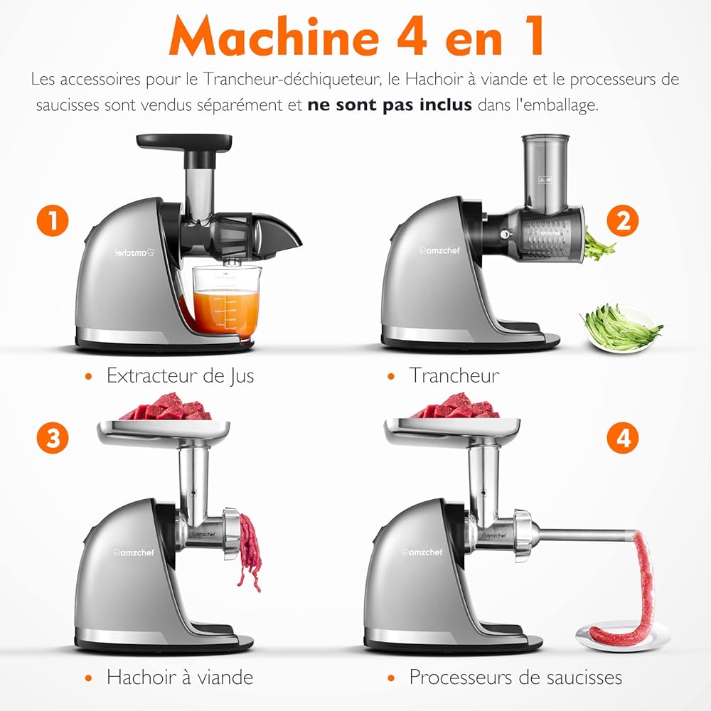 AMZCHEF Extracteur Jus - Extracteur de Jus de Fruits et Légumes - Presses-agrumes à Froid sans BPA avec 2 Tasses et Brosse - Fonction de Mastication Inversée pour Éviter les Blocages - Argent : Cuisine et Maison