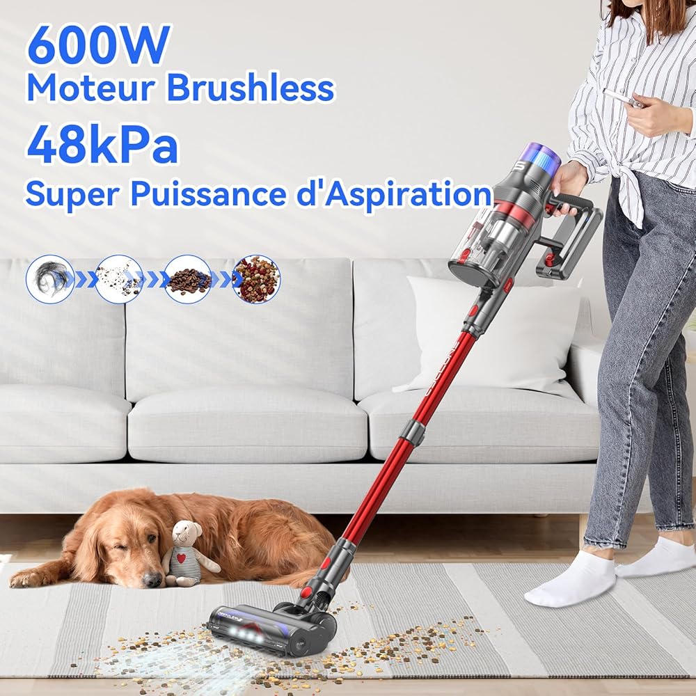 VSTOKY V15 Pro Max Aspirateur Balai sans Fil, 600W/48Kpa/70Mins Aspirateur sans Fil Puissant avec Écran LED, Design à Double Bac Aspi pour Sols Durs Poils d'animaux Tapis : Cuisine et Maison
