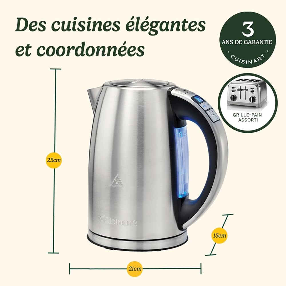 Cuisinart Bouilloire électrique Multi-Températures - Ébullition rapide - Sans fil - Argenté - Fini en acier inoxydable - Capacité de 1,7L - Température réglable - Filtre amovible et lavable : Cuisine et Maison