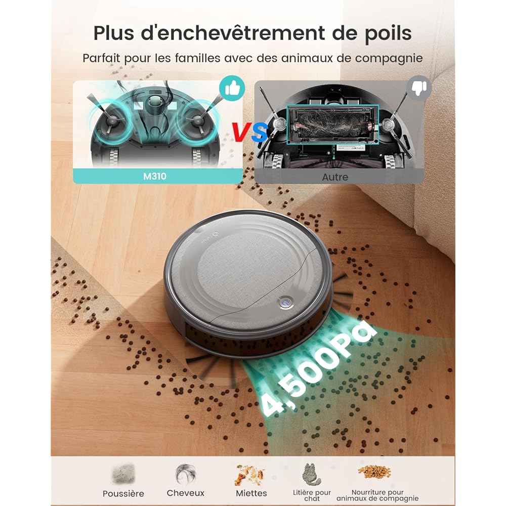 Lefant Aspirateur Robot, Robot Aspirateur 4500Pa Puissance d'Aspiration, Évitement Précis des Obstacles, Anti-Enchevêtrement Idéal pour Les Poils d'animaux, Cheveux et Sols Durs,Contrôle par App/Alexa : Cuisine et Maison