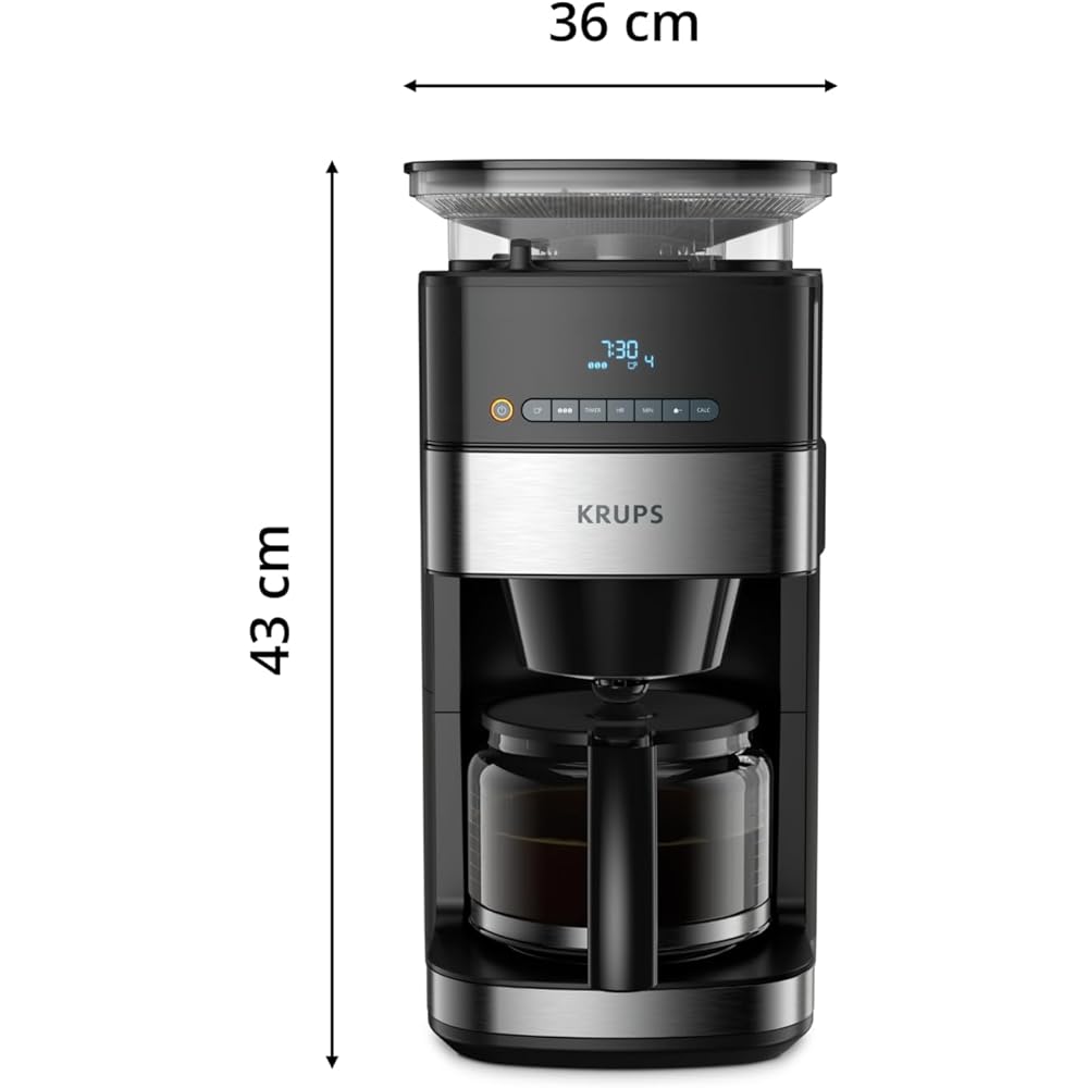 Krups Grind Aroma Cafetière filtre programmable, Broyeur à grains automatique intégré, Café grains ou moulu, 1,25 L, 10 tasses, Arrêt automatique, Ecran numérique KM832810, Noir : Cuisine et Maison