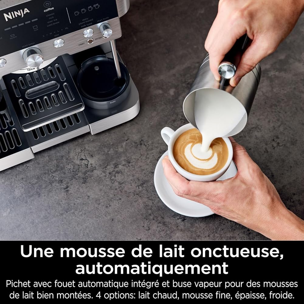 NINJA Machine à café Luxe Premier 3-en-1, Latte, Cappuccino, Infusion à froid et Espresso avec broyeur à grains et mousseur à lait intégrés, facile à utiliser, EU Prise, argent, ES601EU : Cuisine et Maison