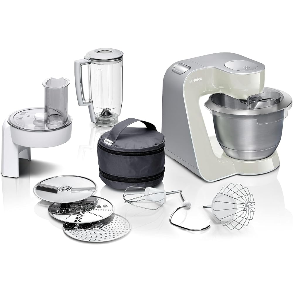 Bosch MUM58L20 Robot pâtissier – Machine puissante 1000 W pour cuisine et pâtisserie – 7 vitesses + turbo – Bol en acier inoxydable 3,9 L – Avec accessoires – Couleur gris minéral/argent : Cuisine et Maison