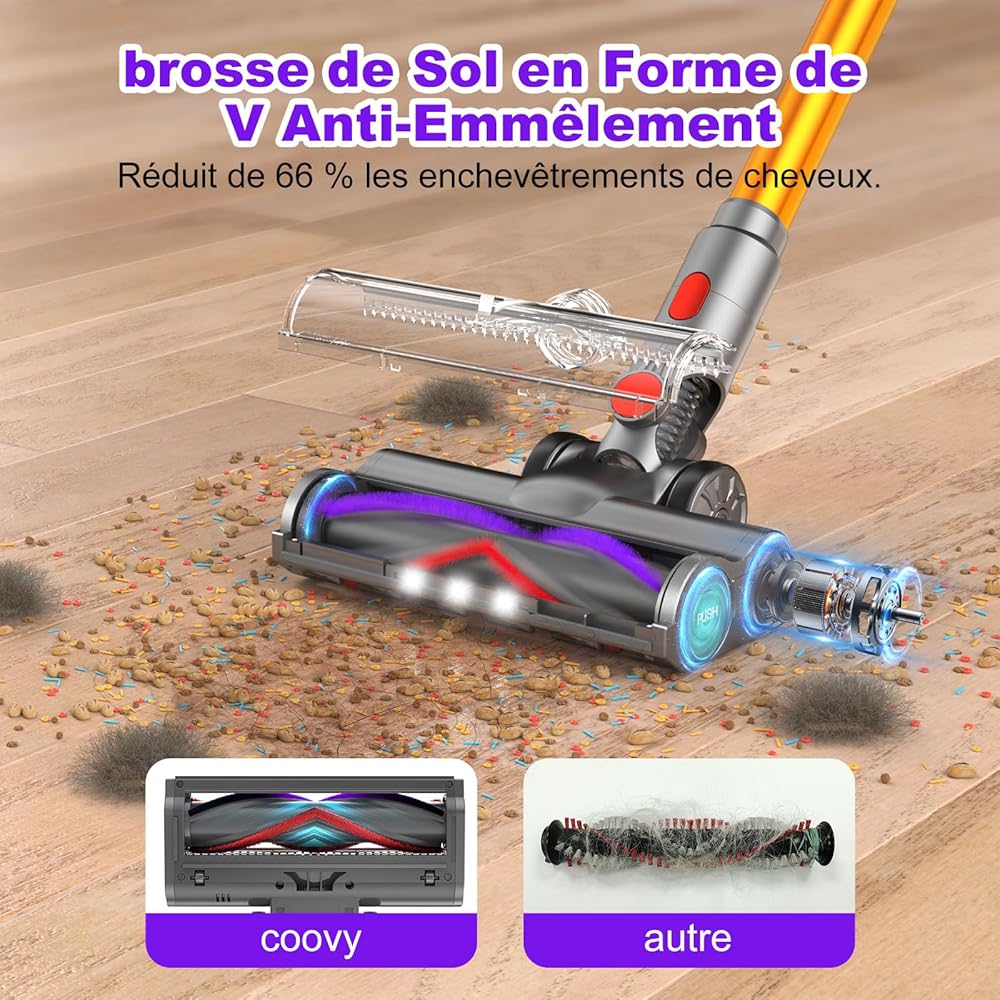 coovy SU7 Aspirateur Balai sans Fil 580W/45Kpa/70Mins, Aspirateur sans Fil Puissant, Chargement Mural, Écrans Tactiles LED, 1,3L Capacité, pour Sols Durs/Tapis/Les Poils d'animaux : Cuisine et Maison