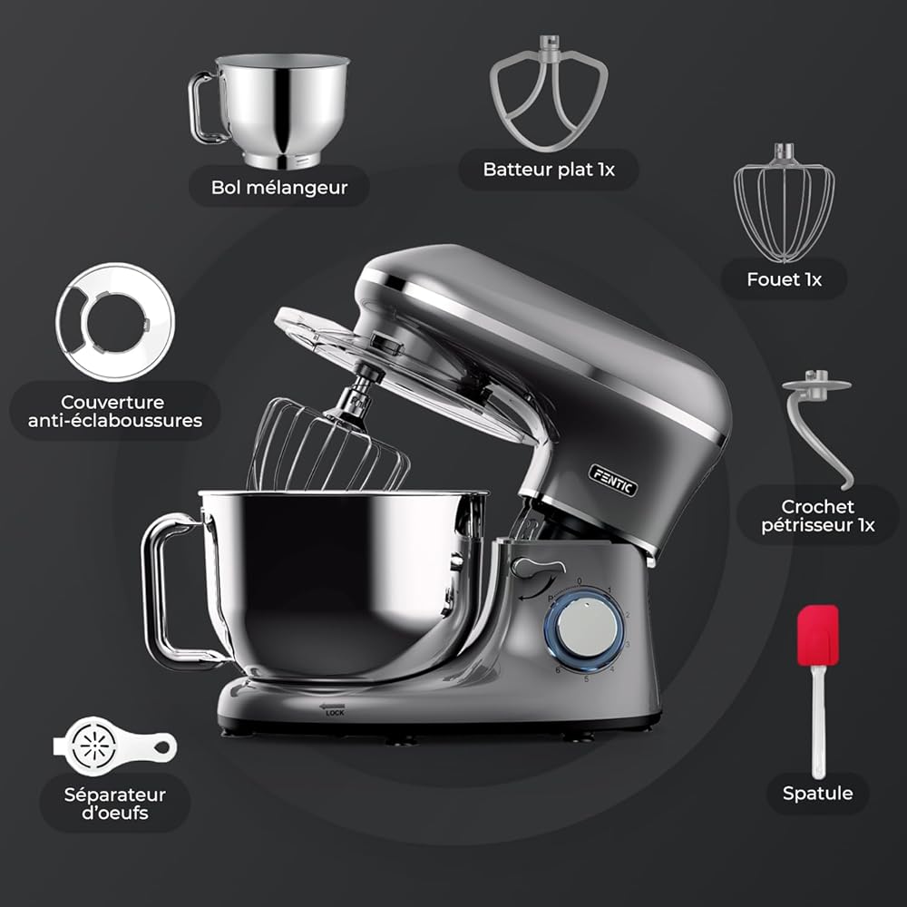 Fentic Robot Pâtissier – 2000W – Bol mélangeur en acier inoxydable (6,2L) – Avec fouet, Crochet pétrisseur et Batteur plat – Incl. et accessoires supplémentaires (Anthracite) : Cuisine et Maison