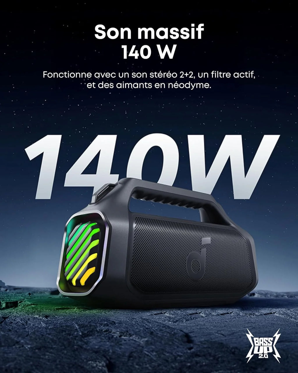 Boom 2 Plus Enceinte Bluetooth puissante, 140W, 2 2 canaux stéréo, BassUp 2.0, IPX7