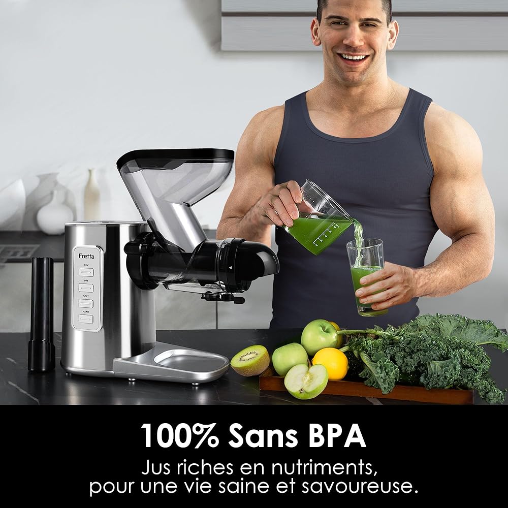 Fretta Extracteur de Jus à Froid avec Large Goulotte 76mm, Sans BPA & Corps en acier inoxydable, Extraction Lente pour Maximum de Nutriments, Facile à Nettoyer : Cuisine et Maison