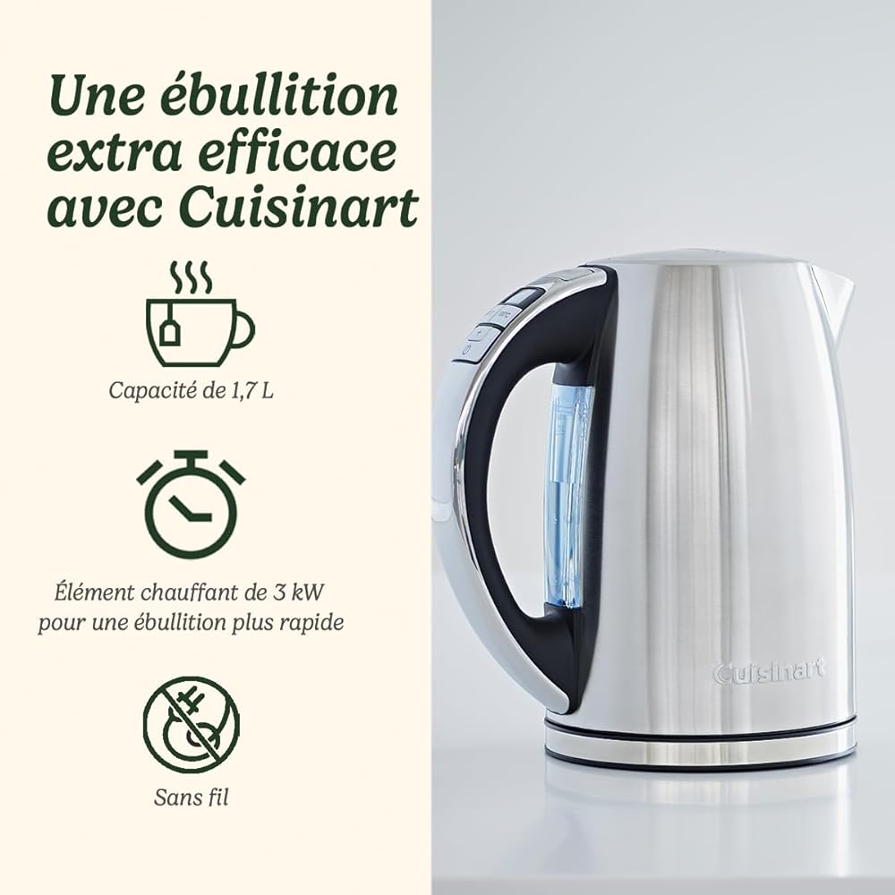 Cuisinart Bouilloire électrique Multi-Températures - Ébullition rapide - Sans fil - Argenté - Fini en acier inoxydable - Capacité de 1,7L - Température réglable - Filtre amovible et lavable : Cuisine et Maison