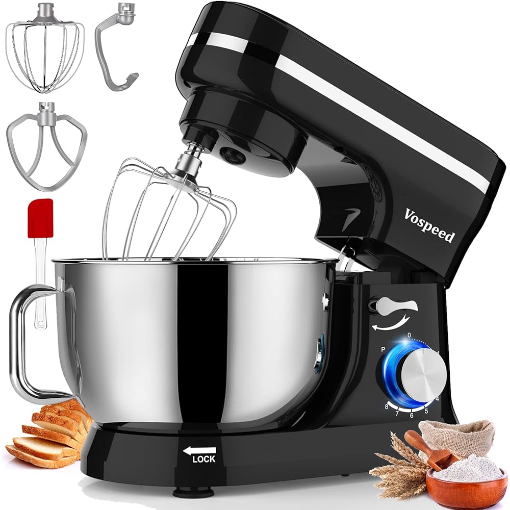 Robot Pâtissier Multifonctions, Vospeed Robot de Cuisine 1000W 5QT avec Fouet, Crochet Pétrisseur, Fouet à Gâteau, bol en acier Inoxydable, Pare-Éclaboussures (Noir) : Cuisine et Maison