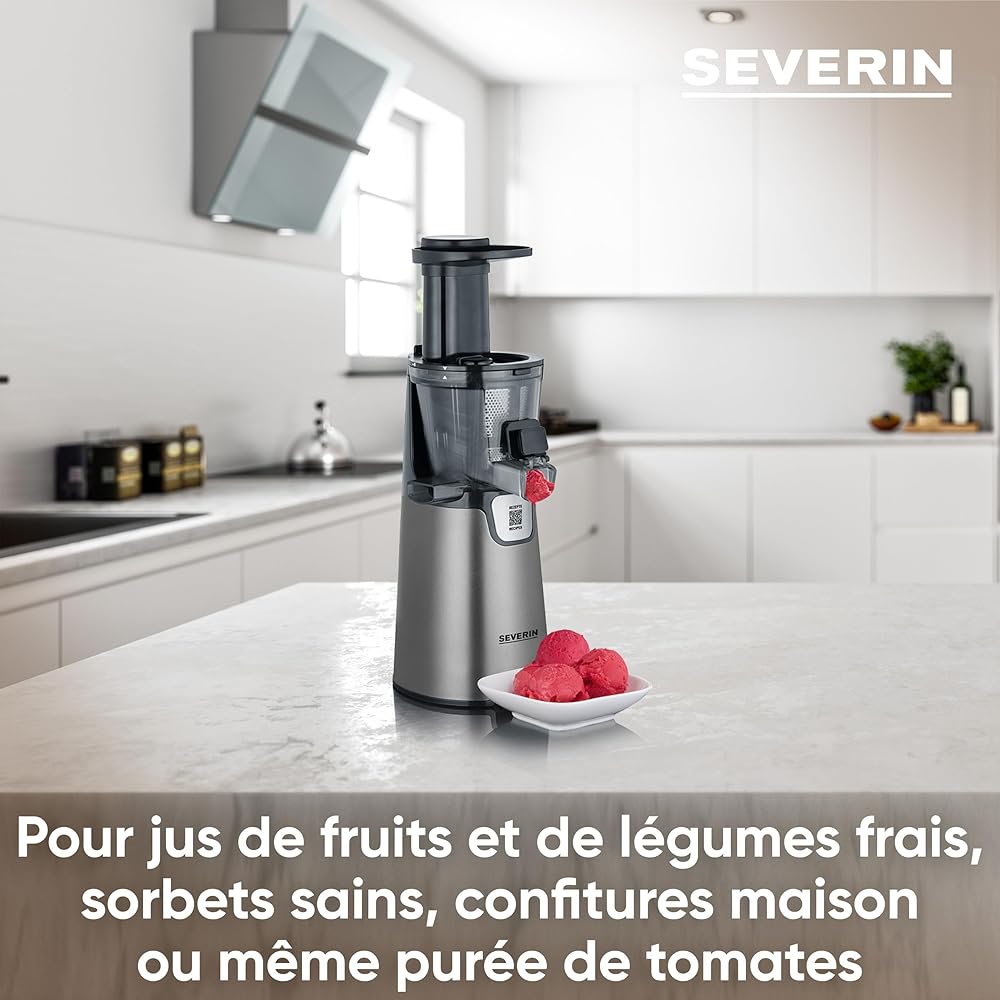 SEVERIN Slow Juicer - Centrifugeuse pour jus, sorbets, glaces, confitures et autres, presse-agrumes électrique en acier inoxydable, nettoyage facile, bac de récupération de 1L, 150 Watt, ES 3571 : Cuisine et Maison