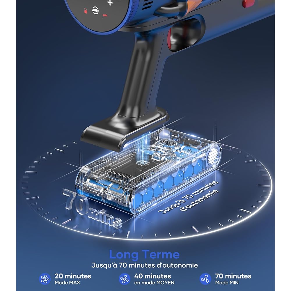 MIBODE Aspirateur Balai sans Fil, 550W/45Kpa/70Mins Aspirateur sans Fil avec écran Intelligent, Aspirateur Balai avec Mode Automatique et Brosse Anti-emmêlement pour Tapis, Sols Durs, Poils d'animaux : Cuisine et Maison