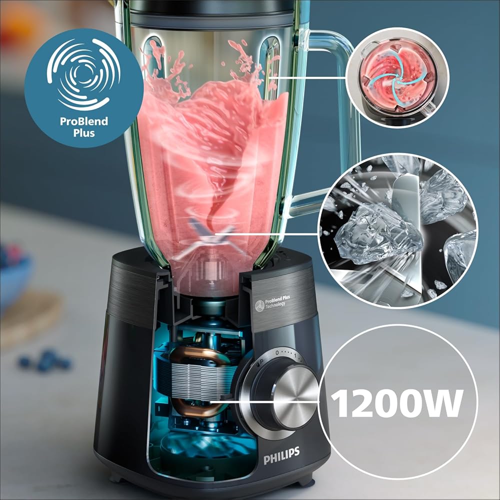 Philips Blender Series 5000 - Puissance 1200W, Bol verre, Capacité totale de 2L, 3 vitesses + Pulse, Gourde incluse, Nettoyage facile, Pièces résistantes au lave-vaisselle, Noir (HR3031/00) : Cuisine et Maison