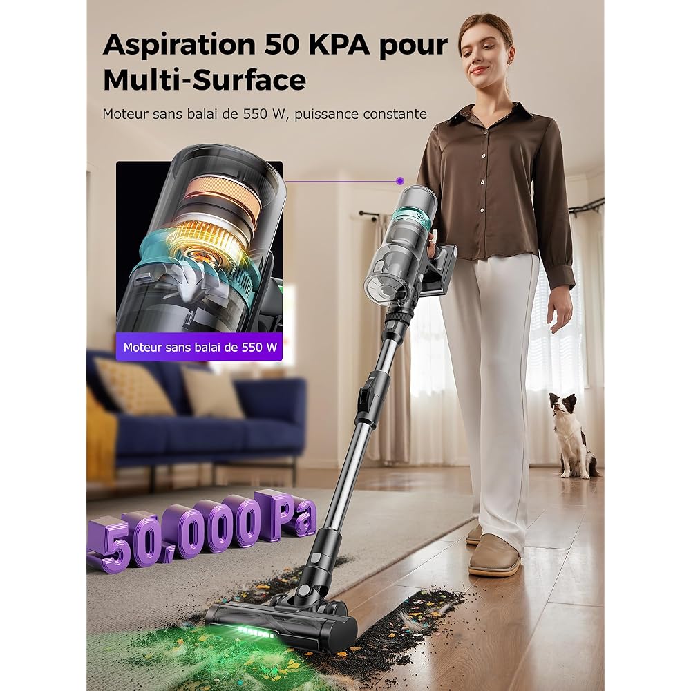 Proscenic P16 Aspirateur Balai sans Fil, 550W 50KPa 65 Mins Aspirateur sans Fil Hyper-Puissant, Tube Pliable,Technologie GreenEye,Brosse Anti-Emmêlement Pour Tapis,Poils Animaux, Sol Dur et Voiture : Cuisine et Maison