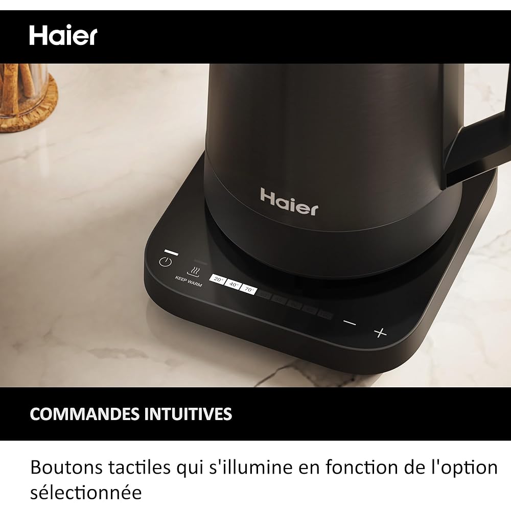 Haier I-Master Série 5 Bouilloire, Acier Inoxydable, 1,7L, Economie d'Energie, 7 Réglages de Température, Fonction de Maintien au Chaud, Fonction Tasse Unique 0,25L, 2000W [Noir] : Cuisine et Maison