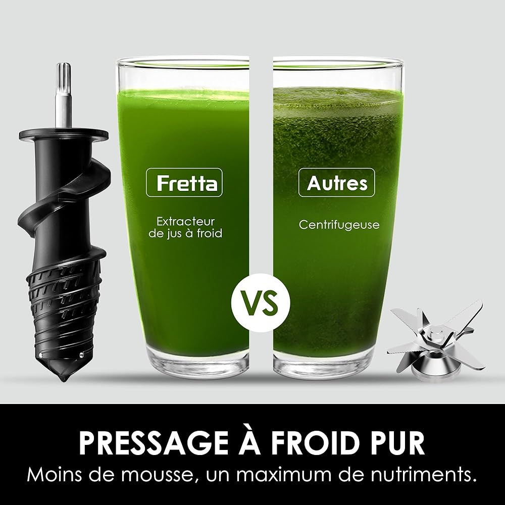 Fretta Extracteur de Jus à Froid avec Large Goulotte 76mm, Sans BPA & Corps en acier inoxydable, Extraction Lente pour Maximum de Nutriments, Facile à Nettoyer : Cuisine et Maison