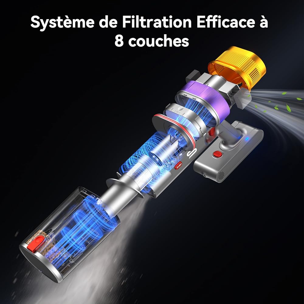 Vistefly V15 Ultra Aspirateur Balai sans Fil, 600W/48Kpa/70Mins Aspirateur sans Fil Puissant avec Écran Double, Design à Double Conteneur Aspi pour Sols Durs Poils d'animaux Tapis : Cuisine et Maison