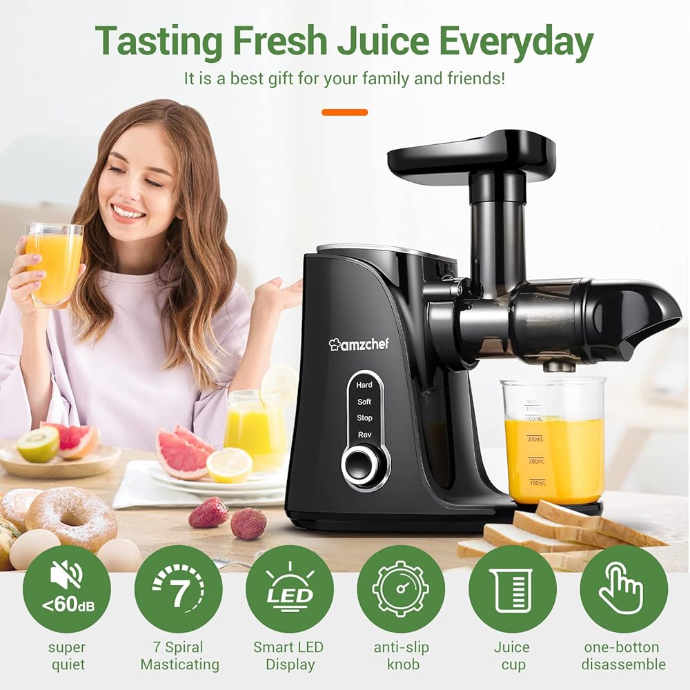 AMZCHEF Extracteur de Jus avec Double Vitesse Modes (Soft et Hard) - Extracteur de Jus de Fruits et Légumes - Juicer Machine avec Bouteille à jus Portable et 2 Tasses - Noir : Cuisine et Maison