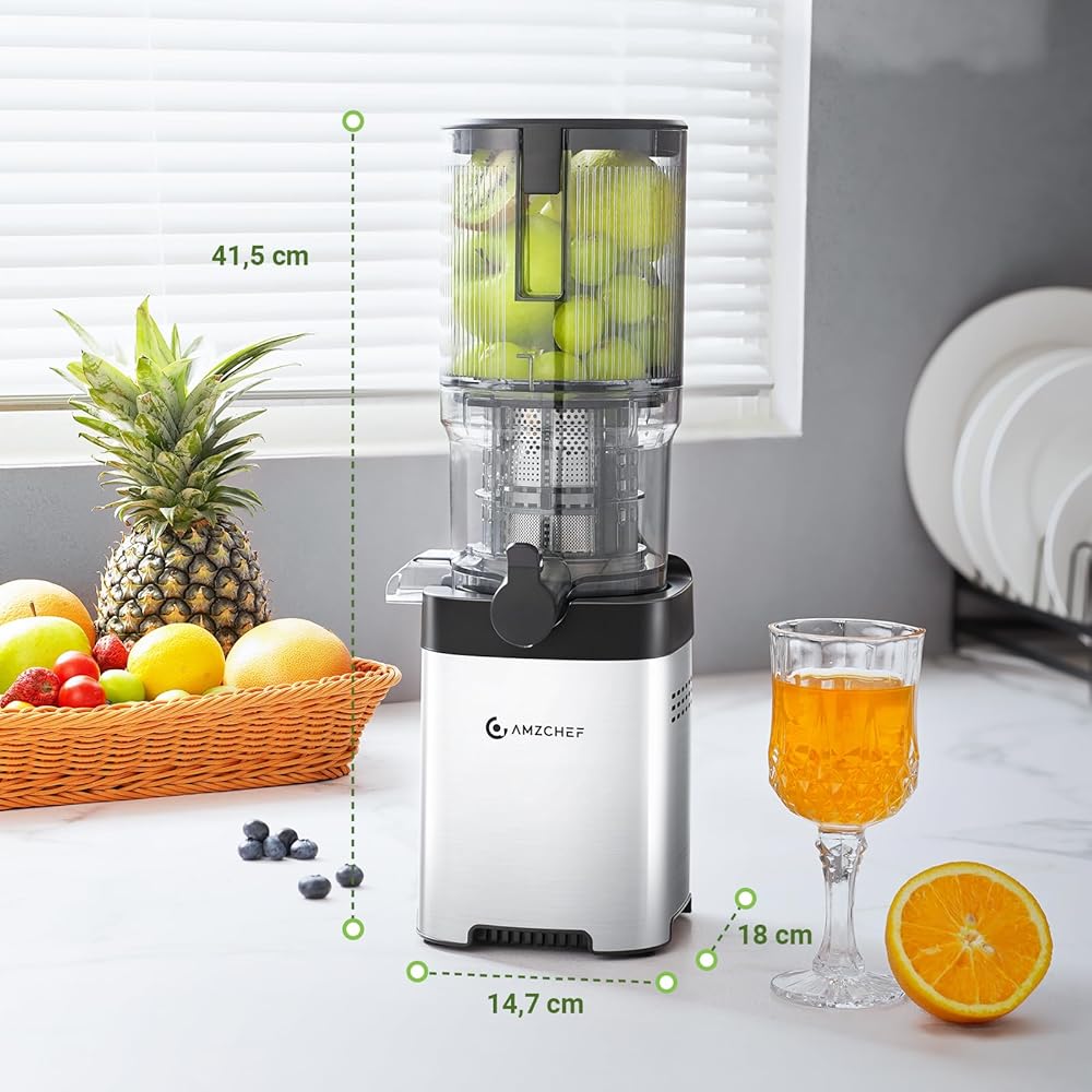 AMZCHEF Extracteur De Jus, Trous D'alimentation Larges De 126 Mm Pour Les Fruits Et Légumes Entiers, Extracteur Jus Lente En Acier Inoxydable Facile À Nettoyer, Grande Vis Sans Fin, Double Filtre : Cuisine et Maison