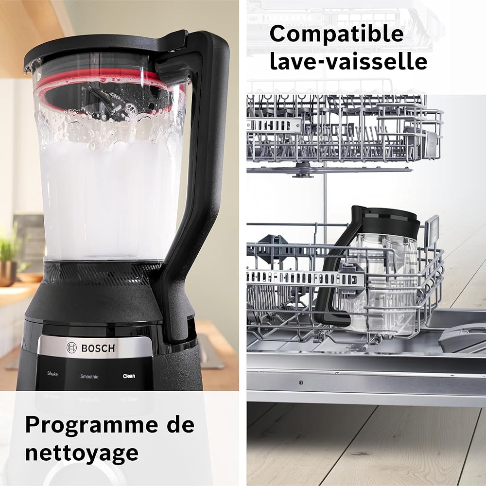 Bosch, VitaPower Série 6, blender haute performance, moteur 1800 watts, vitesse du moteur jusqu'à 45 000 tr/min, 6 programmes automatiques, bol résistant en tritan, noir, MMB6652B : Cuisine et Maison