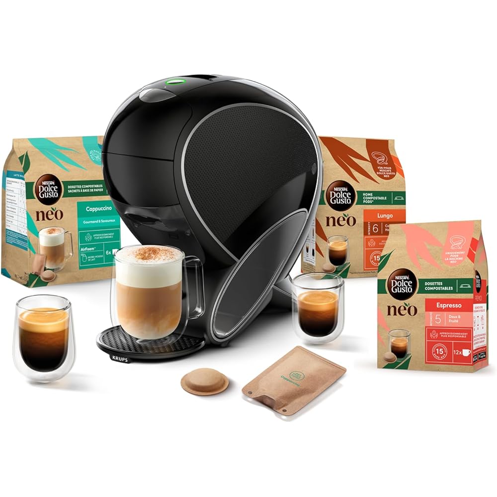 Dolce Gusto NEO Coffee Machine by Krups, Machine à café + 3 boites de dosettes compostables (Espresso, Lungo, Cappuccino), Cafetière multi-boissons connectée YY5242FD : Cuisine et Maison