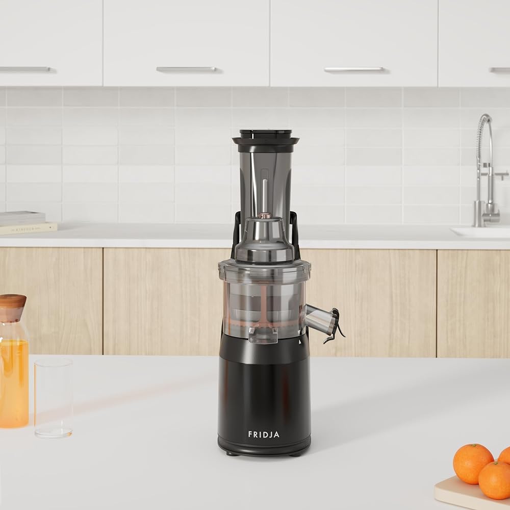 Jus de Fruits et Légumes à Mastication Lente, Slow Juicer, Jus Frais et Santé, Sorbet, Crème Glacée, Bouche 75 mm, sans BPA, 240 Watts, Pression à Froid, Acier Inoxydable Noir Fridja f1900 : Cuisine et Maison