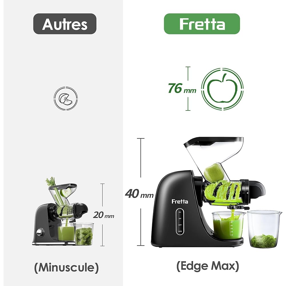 Fretta Extracteur de Jus à Pression à Froid, Goulotte d'alimentation Large de 76 MM, Presse-agrumes à Froid sans BPA, Extracteur de Jus de Fruits et Légumes, Recettes de Jus Incluses (Noir) : Cuisine et Maison