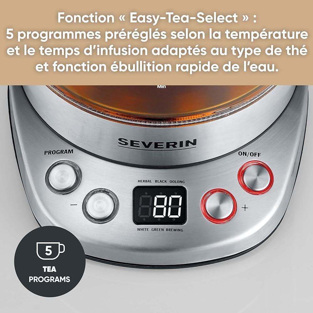 SEVERIN Bouilloire Eau et Thé, 1,7L, 3 000W, Filtre à thé, Température et Temps D'infusion Personnalisables, Verre/Inox, WK 3480 : Cuisine et Maison