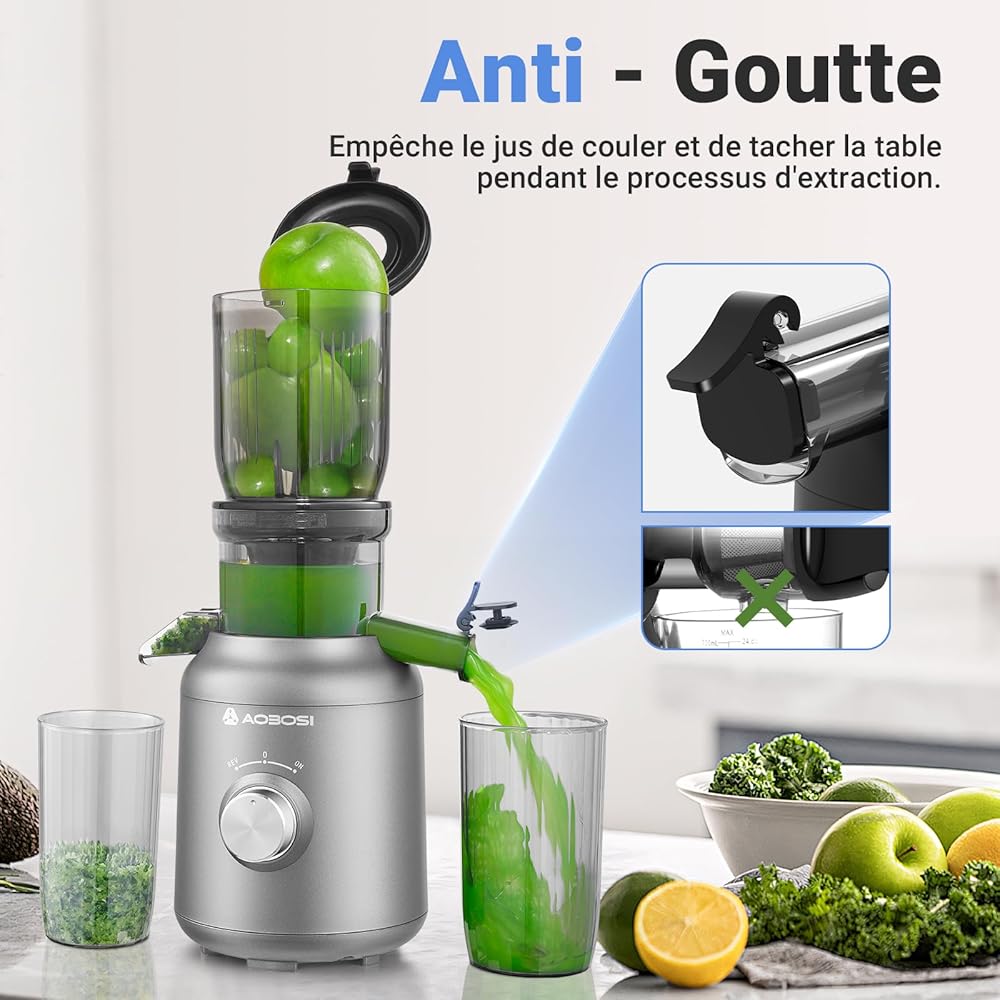 Extracteur de jus AOBOSI 250W-Extracteur de jus de fruits et légumes avec un diamètre de 103MM et 2 filtres sans métal-1.2L Extracteur jus avec 2 brevets et 40 minutes de protection thermique, Gris. : Cuisine et Maison