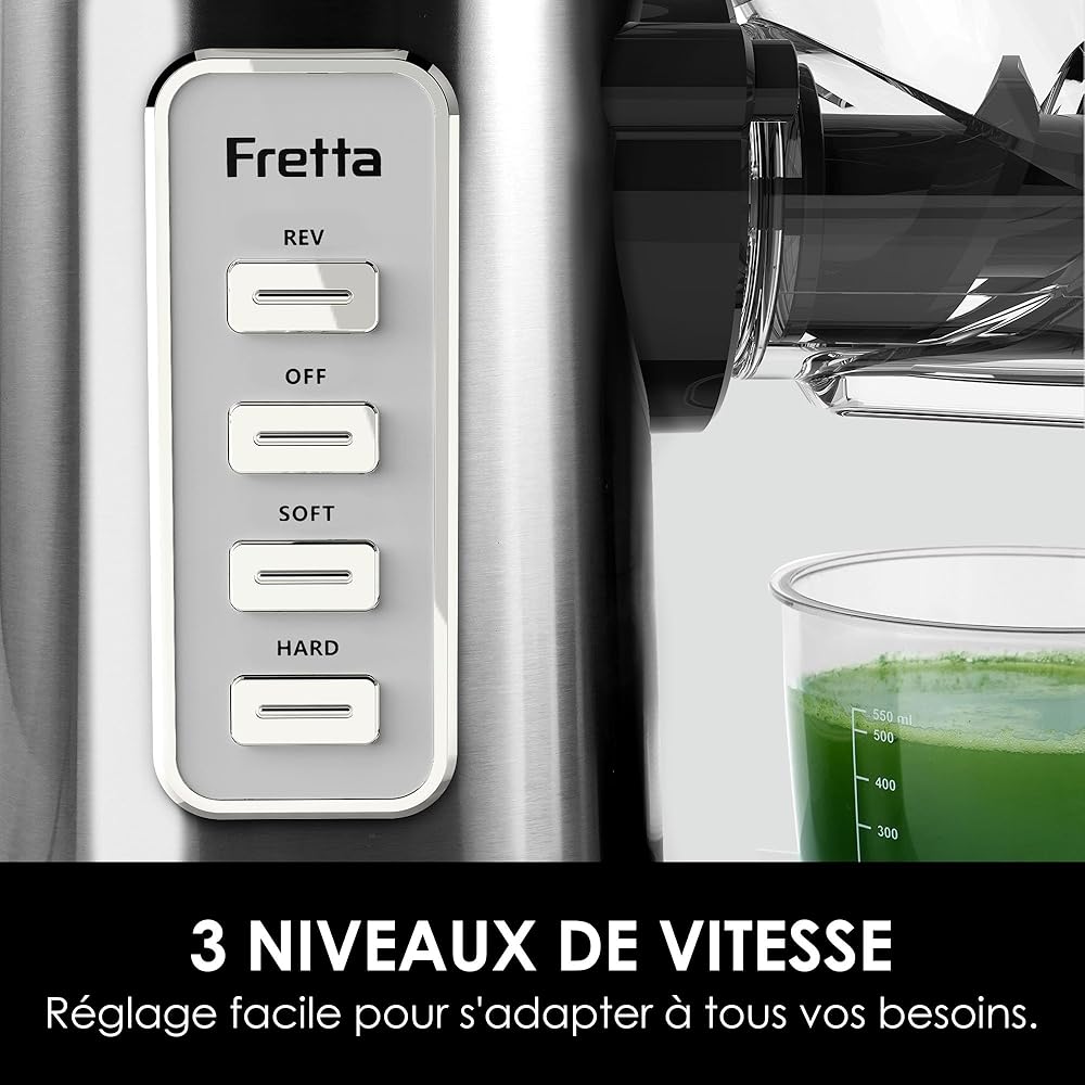Fretta Extracteur de Jus à Froid avec Large Goulotte 76mm, Sans BPA & Corps en acier inoxydable, Extraction Lente pour Maximum de Nutriments, Facile à Nettoyer : Cuisine et Maison