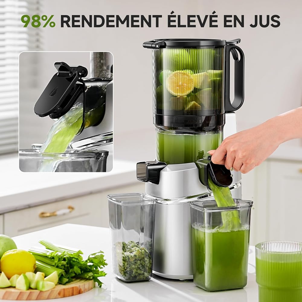 AMZCHEF Extracteur de jus automatique Vos mains libres, Ouverture de 135 mm et capacité de 1,8 L Extracteur de jus de fruits et légumes entiers, Extracteur jus lent de 250W avec triple filtre - Argent : Cuisine et Maison
