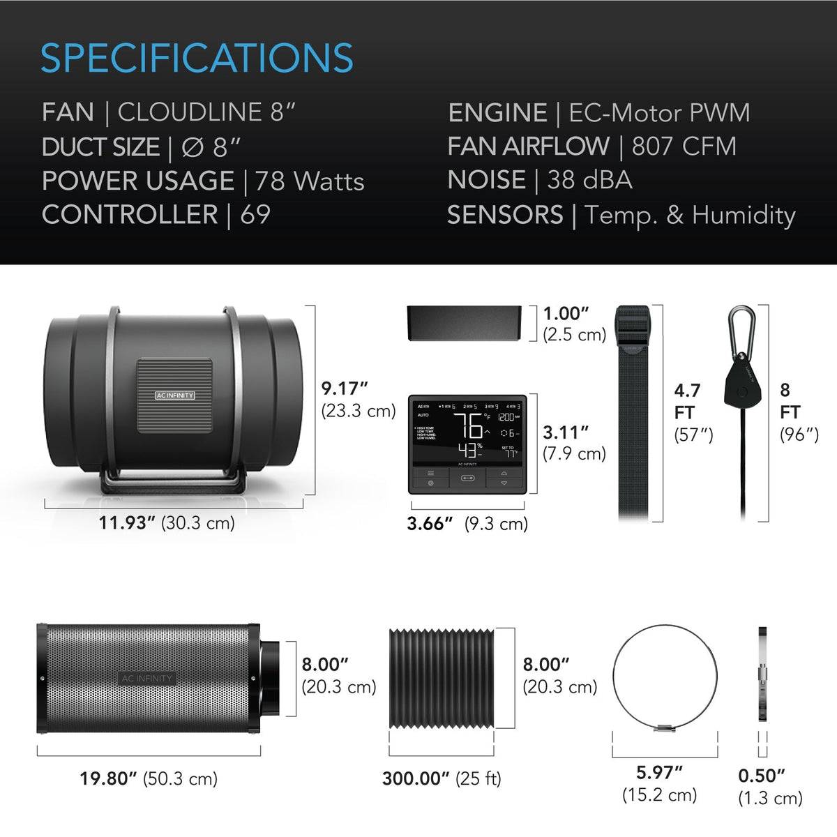 AC Infinity Cloudline PRO Lüftungs-Set, 8 Zoll, mit Filter
