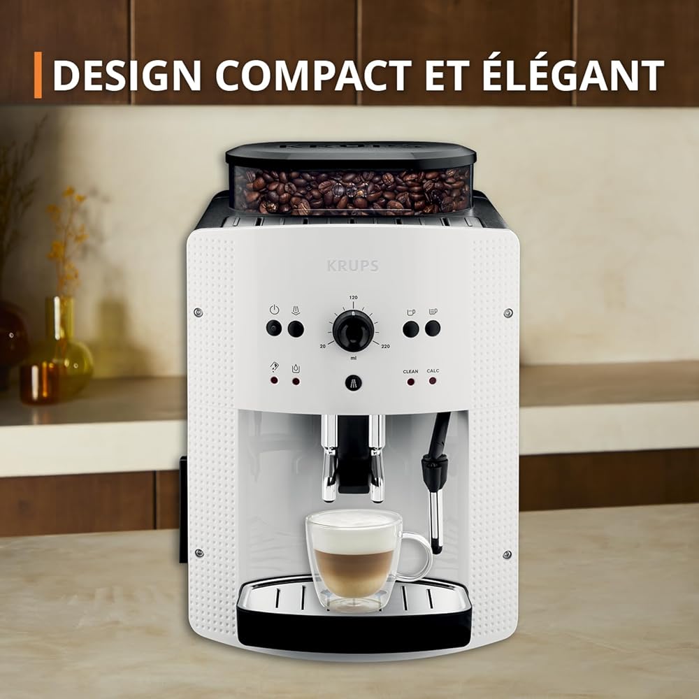 Krups Machine à café broyeur grain, 2 expresso simultanés, Nettoyage automatique, Buse vapeur Cappuccino, Essential blanche EA810570 : Cuisine et Maison