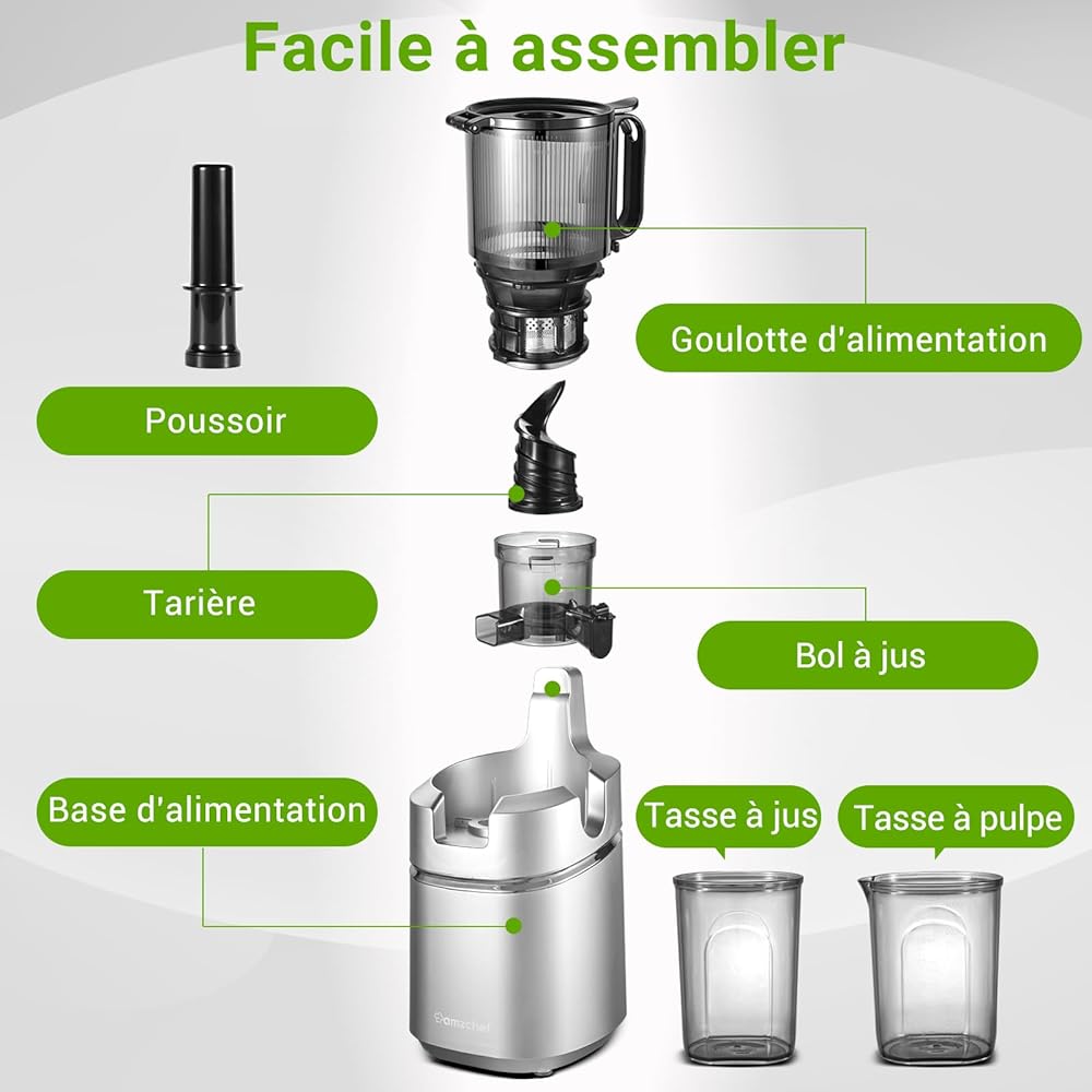 AMZCHEF Extracteur de jus automatique Vos mains libres, Ouverture de 135 mm et capacité de 1,8 L Extracteur de jus de fruits et légumes entiers, Extracteur jus lent de 250W avec triple filtre - Argent : Cuisine et Maison